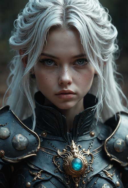 A stunningly depicted fantasy warrior, with silver-white hair and piercing eyes, stands out in the frame. Her armor, dark and metallic, features intricate designs and glowing gemstones. This cinematic portrait captures the girl's fierce beauty and strength, portraying her as a formidable and enigmatic figure. The high-quality image showcases every detail with precision, from the elaborate armor to the intense gaze of the warrior. It is a mesmerizing and captivating depiction that exudes power and allure.