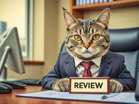 closeup of antro cat sitting in suit at office desk, (name-plate with text "review"), cat looking bored, hdr