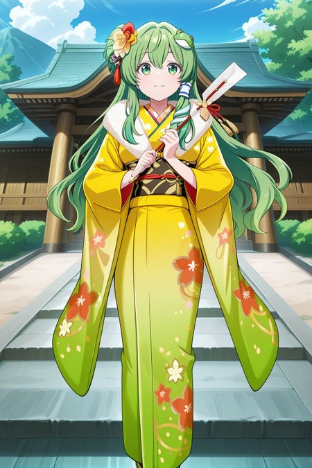 absurdres, highres, masterpiece, best quality, amazing quality, official anime artwork, screencap, anime screencap, outdoors, looking at viewer, light smile, dynamic pose, 
 <lora:Sanae-Kochiya_IllustriousV2:1> kochiya sanae, 1girl, solo, green eyes, green hair, long hair,, kochiya sanae \(victory wind priestess\), alternate costume, alternate hairstyle, hair ornament, hair flower, fur trim,  yellow kimono, gradient kimono, multicolored kimono, floral print, wide sleeves, long sleeves, furisode, sash, yellow obi, red obijime, footwear flower, white socks, yellow shoes, holding hamaya, green kimono,