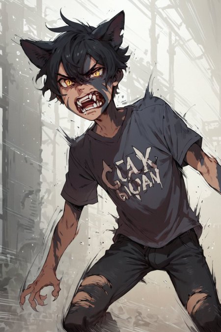 score_9_up, score_8_up, score_7_up, Concept art, cartoon, 1boy, young, solo, male focus, Cody, yellow eyes, black hair, short hair, hair between eyes, black marks on the body, cat's ears, angry face, teeth, fangs, open mouth, skinny body, torn white t-shirt, tight black pants, clawed paw, standing on street, dynamic pose, speed lines, shaded, detailed shading, detailed skin, shaded skin, realistic shading, Expressive, in room, indoors, <lora:add-detail-xl:0.7>, <lora:Concept Art Style SDXL_LoRA_Pony Diffusion V6 XL:0.8>, <lora:Expressive_H:0.8>,  <lora:Cody_Witcher:0.8>