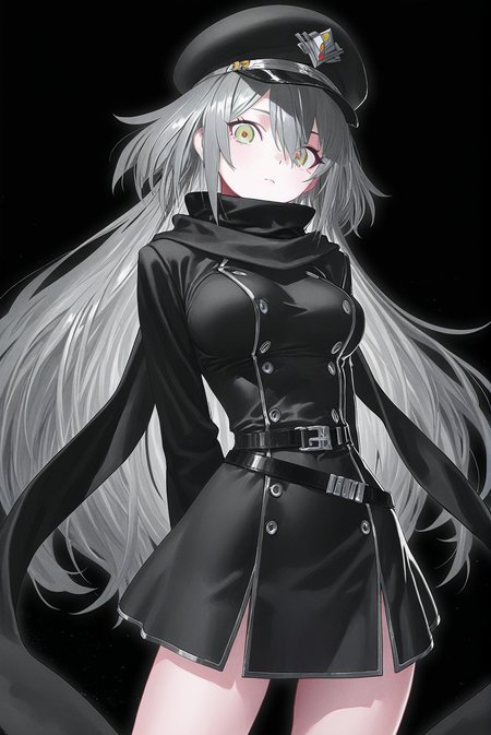SkyStrikerAce-Zero,1girl,grey hair,black scarf,black dress,scarf,belt,yellow eyes,dress,long sleeves,hat,breasts,long hair,solo,looking at viewer,<lora:Sky Striker Ace - Zero:0.8>,cowboy_shot,looking_at_viewer,arms behind back,black_background,(artist:abazu-red:0.7),reoen,yoneyama mai,rolua,(modare:0.6),(pako \(pakosun\):0.75),, masterpiece,best quality,amazing quality,