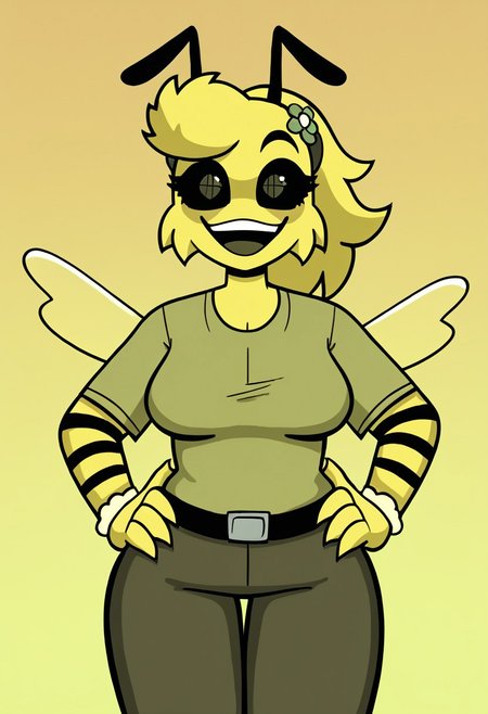 score_9, score_8_up, score_7_up BREAK source_anime, high quality, best quality, masterpiece, bwesweesbizznip, mustardbweswees, 1girl, solo, ponytail, athropod girl, bee, bee girl, stinger, wings, yellow fur, hair flower, hair ornament, colored sclera, black sclera, anthro, antennae, t-shirt, shirt, pants, belt, cowboy shot, smile, hands on hips, looking at viewer, :D, open mouth, gradient background, yellow background
