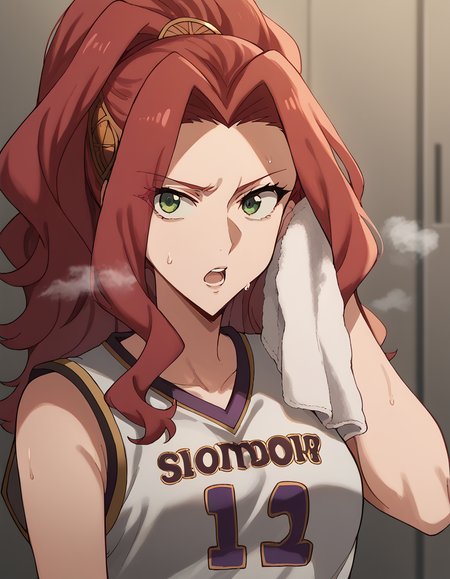 score_9, score_8_up, score_7_up, source_anime, <lora:malty-melromarc-s1s2s3-ponyxl-lora-nochekaiser:1>, malty melromarc, long hair, green eyes, red hair, parted bangs, ponytail, medium breasts,, <lora:basketball-uniform-ponyxl-lora-nochekaiser:1> basketball uniform, basketball jersery, sportswear, jersey, shorts, sleeveless,, audience, gym, sweat, open mouth, steam, <lora:wiping-towel-ponyxl-lora-nochekaiser:1> wiping sweat, towel, holding, sweat, holding towel, looking at viewer, open mouth,, cowboy shot,