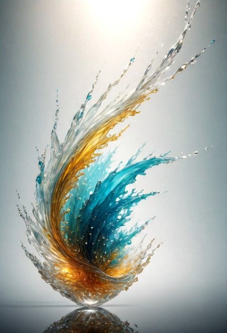 An abstract shape, amazingly fluid, made of glass, detailed, 3d fractals, light particles, water drops, shimmering light, surreal, ink, smooth, shimmering, glow, cinematice contrast, Glow, 
16k