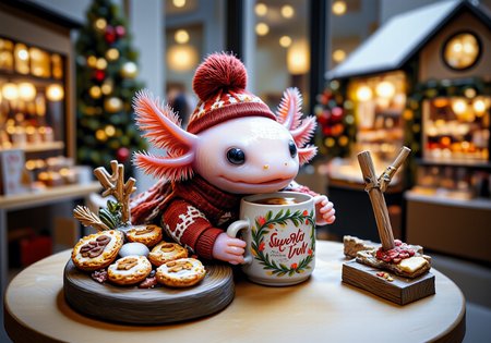 A miniature diorama of an image shot with significant tilt shift effect of tiny axolotls, high angle view, high-angle shot of a pink axolotl in a bustling holiday market, dressed in a tiny knitted hat and scarf, holding a miniature mug of spiced cider topped with a cinnamon stick; its frilly gills sway as it inhales the warm scent, and its round black eyes are filled with holiday cheer; the scene is filled with tiny market stalls selling baked goods, ornaments, and crafts, while twinkling fairy lights cast a magical glow; tilt-shift effect blurs the crowd and holiday decor in the background, creating a lively yet cozy holiday atmosphere, the tiny axolotls have pink frilly gills and round black eyes<lora:Axomodel_Flux_V1.1.safetensors:0.9:0.9> <lora:Diorama_Flux.safetensors:1.5:1.5>