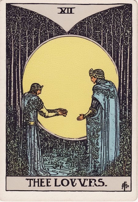 tarot card, moon, the lovers, armour, medieval, forest, trees, woodcut illustration, intricate, vintage, textured paper,