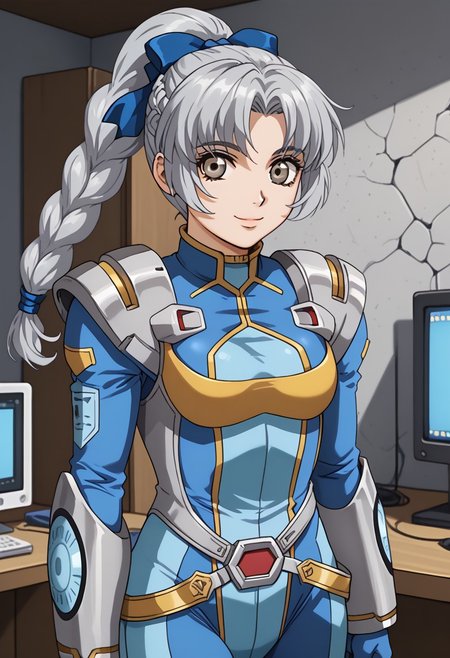 score_9, score_8_up, score_7_up, 1girl, solo, grey hair, grey eyes, braided ponytail, srwbluepilotsuit, blue bodysuit, pauldrons, wrist guards, metal belt, grey armor, helmet removed, no headwear, looking at viewer, slight smile, cowboy shot, indoors, metal wall, metal walls, monitor,