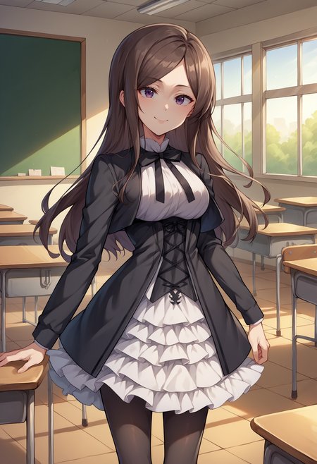 score_9, score_8_up, source_anime, 1girl, solo, DorothyUniform, long hair, black jacket, cropped jacket, black neck ribbon, collared dress, frilled dress, black corset, black pantyhose, indoors, classroom, smile, <lora:ChamDorothyPPPonyXL:1>