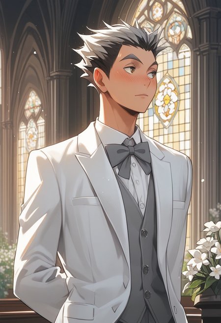 score_9, score_8_up, score_7_up, source_anime, rating_safe, white flowers, water, Bokaikyu, 1boy, male focus, looking away, blushing, closed mouth, hands behind back, white formal suit, grey bowtie, indoors church, wedding,
