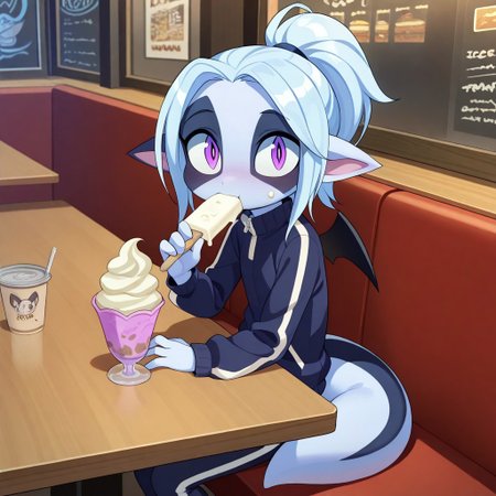 wisp, 1girl,solo,white hair,,pointy ears,,colored skin,furry,source_furry,
tail,
masterpiece, child, kid, 
restaurant, sitting at table, eating ice cream, ice cream on cheek, adorable, looking at viewer