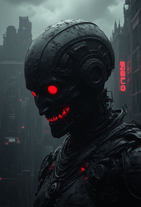fg, perfection style, a digital illustration in noir style featuring a cyborg wearing a custodian helmet. The robotic body shows gears, tubes, metallic plaiting, it looks messy and unfinished. The eyes are glowing with bright red light and the face is distorted with menacing grin. The background is an old town with elements of steam punk and gothic architecture, with dark cloudy sky and heavy rain