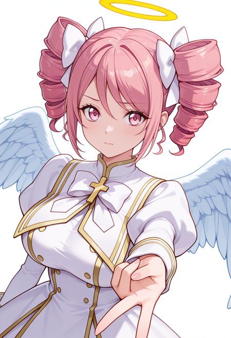 Smooth Quality,masterpiece,very intricate, high quality details, ultra realistic, high detailed skin,detailed enviorement,absurdres,
gyaru v,
 <lora:Pino_CNR:0.8> pino_cnr, 1girl, pink hair, short hair, twintails, drill hair, pink eyes, large breasts,pino_cnr_def, white dress,white bow, hair bow, hair ribbon, cross,long sleeves, juliet sleeves, halo, angel wings,, despair,, simple background, white background, dynamic angle,solo,