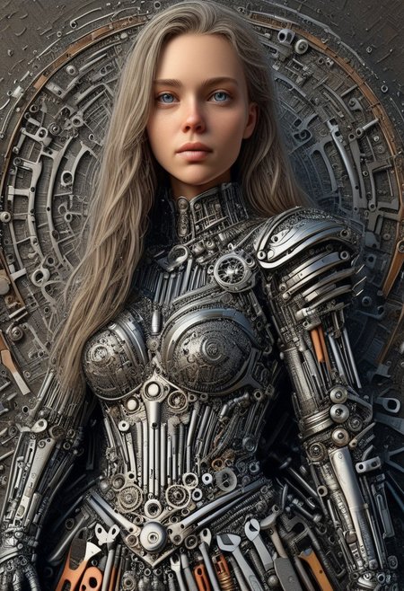 tools, made of tools, beautiful female, (anatomically correct:1.8), score_9, score_8_up, score_7_up, score_6_up, score_5_up, score_4_up, UHD, 8K, masterpiece, detailed, ultra_high_resolution, lots of detail, OverallDetailXL, detailxl, Masterpiece, 32k, photorealistic:1.4, small waist, fitness body, toned muscles, wide hips, slender legs, high cheekbones, oval face, 32 years old, mature female, milf, makeup, curvy, pretty face,  jewelry, solo, seductive smile, sultry, serious stare, stern look, natural skin, long hair, realistic photograph, female knight,  (armor made of tools:2.1), colorful banners, (castle tools, made of tools:1.3), (castle:2.4), CHQN1N, blonde hair, blue eyes, (silver elbow gloves:1.5), (gloves:2), (fully dressed:1.6), (high neck closure:1.5), (scenery:3), (outdoors:1,4), realistic, scientist, intricate details.