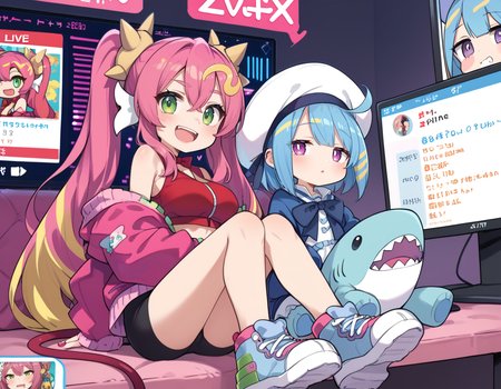 (score_9:0.9),score_8_up,score_7_up,rating_safe,(zPDXL3),sidelocks,parody,official art,2girls,full body,blush stickers,(livestream),sitting,teeth,sidelocks,screen,display,
BREAK pink jacket,ka sikil,red cropped vest,red tail,hair ornament,medium breasts,looking at viewer,open mouth,fang,:d,pink sneakers,black bike shorts,bandaid on knee,
BREAK blue jacket,white dress,lil la,blue demon wings,white sailor hat,half-closed eyes,small breasts,stuffed shark toy,light smile,looking at viewer,blue sneakers,<lora:Live twin ponyXL v1:0.62>,