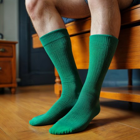Long green socks on a man's hairy legs.

<lora:Socks01_CE_XL_300-OT:0.6> scksCE_style