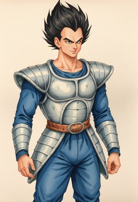 score_9, score_8_up, score_7_up, oblivionarts, (solo:1.5), 1boy, Vegeta, saiyan armor, ((white armor)), blue pants, widows peak, tall hair, short, petite, simple background, traditional art, medieval,