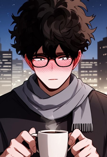 score_9, score_8_up, score_7_up, source_anime, rating_explicit, realistic shading, natural lighting, leaning back, male focus, looking away, expressive calm face, detailed eyes, black-framed eyewear, messy hair, Go_Yohan, 1boy, black t-shirt, holding coffee, steam, city light background, night, dynamic angle, intricately detailed illustration, depth of field, masterpiece, best quality, amazing quality, very aesthetic, absurdres, newest, anime screencap, close up, sighing, wind, scarf, black hair, black eyes, black pupils, cute, blush