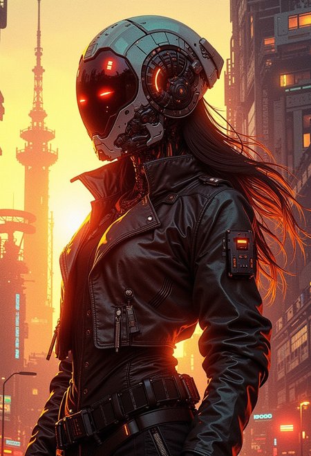 digital painting in the style of ck-js, concept art, futuristic, cyberpunk female robot, reflective helmet, leather jacket, long flowing hair, standing on street of futuristic sci-fi city, towers, domes and skyscrapers, sunset, rule of thirds, perfect lighting, sunset, HD32K, wallpaper, hyperdetailed