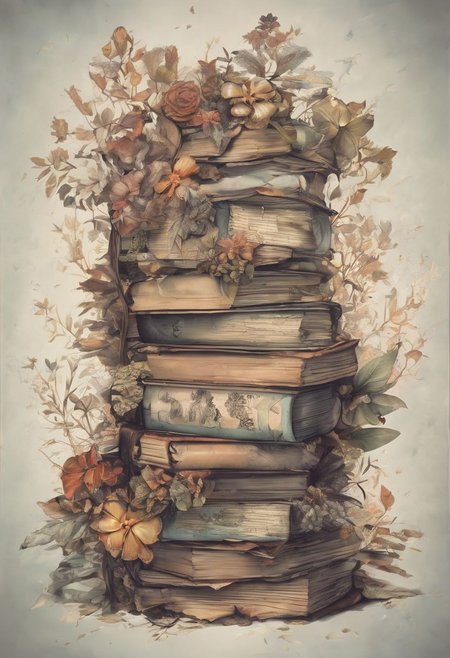 (photo realistic, hyperrealism), Imagine a scene where time has stood still in an ancient library. In the center, there is a pile of weathered books, each one brimming with forgotten knowledge and tales of yore. These tomes are bound in leather and bear the marks of time on their spines. Surrounding this mound of literary history are ethereal flowers, each petal and leaf emitting a soft, otherworldly glow. The light bathes the books in a warm, inviting aura, suggesting that within these pages lies not just knowledge, but also magic