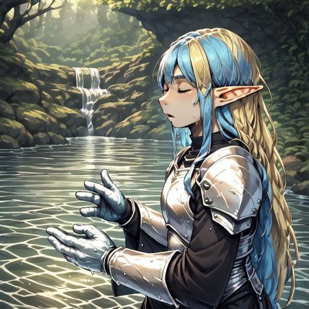 yum4rt, Lapanya, 1 person, pointy ears, 3 fingers 1 thumb, ((Underground cavern background)):1.5, ((snout nose)):1.0, flat chest, side view, light skin, tall, square jaw, yellow irises, ((two-tone hair, light blue hair, blonde undertones)), wavy hair, long hair, ((chubby build, chubby face)), long sleeved black robe, white armor, wet hair, wet clothes 
Underground cavern background 
Standing hip-deep in water, casting water magic
((clean lines, source: anime, detailed fingers, high quality, best quality, masterpiece, rating: g score: 9, score: 8 up))