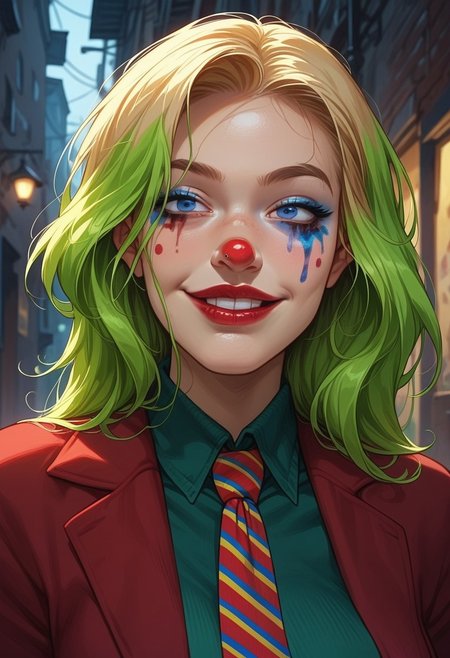 score_9, score_8_up, score_7_up, score_6_up,  rating_explicit, source_western,  Ellie Buckingham, ((Bright Blond hair)), Blond Hair, Blond Bright blue eyes. Very large breasts, torpedo breasts, humongous breasts Western Style Artwork. Bold Lines, 
joker \(dc\), (clown makeup, white face, smeared lipstick, red lipstick, facial mark, facepaint, blue makeup, red nose:1.3), upper body, solo, empty eyes, (impossible wide smile, crazy smile), half-closed eyes, staring, green shirt, collared shirt, red blazer, yellow boutonniere, loose necktie, striped necktie, multicolored hair, green hair, eerie atmospher, dark alley, complex background, night,