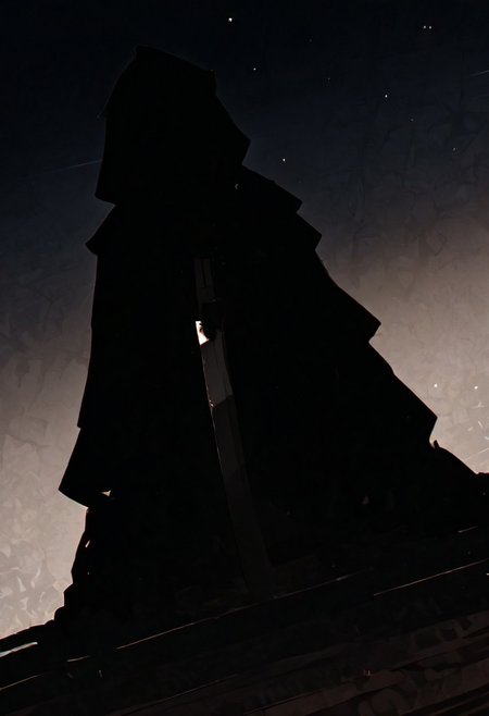 masterpiece, best quality, good quality, newest, highres, absurdres, volumetric lighting,gradient color, BREAK raytracing, volumetric lighting, ambient occlusion, boy, luminescent background, masterpiece, best quality, very awa, absurdres, BREAK  colored skin, black skin, (black hair, silhouette:1.5), no eyes, faceless, no highlights, hooded figure, black robes, Nazgul. Holding a sword, penitent pose BREAK night, moonlight, dutch angle, dark theme, high contrast