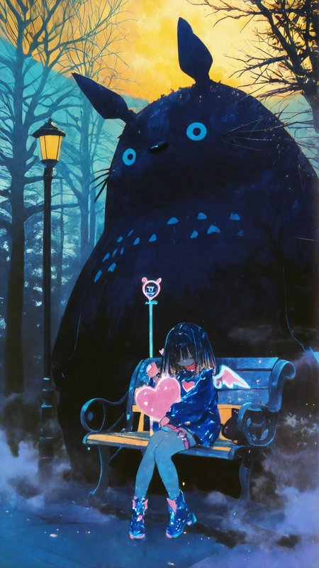masterpiece, newest,absurdres,incredibly absurdres, best quality, amazing quality, very aesthetic, shiny highlights, moonlight,
1boy, oversized  totoro, 1girl, cuddling, pink choker, blue leather dress, park bench, fake wings, thigh strap, hearts strap, heart cutout, earth badge, scenery, forest, fog, dusk wood, lamppost, yellow hue,
<lora:KonYa666:1> kony4666  <lora:0__11Xx:1> 0__11Xx_illu