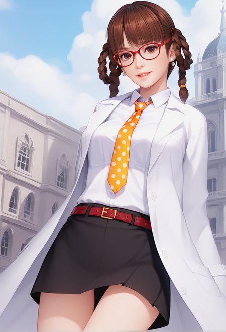 score_9, score_8_up, score_7_up, best quality, intricate details, BREAK 1girl,
<lora:Leifang_Pony_v16:0.9>     earrings, lab coat, polka dot necktie,collared shirt, belt, black short skirt, red-framed eyewear,, twin braids, hair rings,
brown hair, brown eyes, jumping,, parted lips, light smile,
vatican city