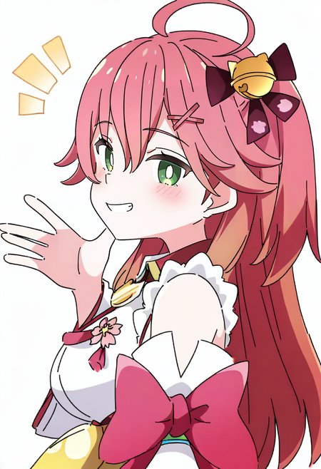 1girl, sakura miko, solo, green eyes, virtual youtuber, hair ornament, ahoge, white background, bell, long hair, x hair ornament, looking at viewer, hair bell, smile, simple background, pink hair, detached sleeves, blush, upper body, from side, bright pupils, one side up, jingle bell, hair between eyes, white pupils, red hair, bow, hand up, hairclip, breasts, looking to the side, notice lines, grin, bangs, japanese clothes <lora:ixyXL_NBVP1_lokr_V6311PZ:0.95>