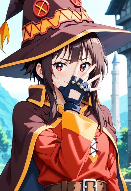 score_9,score_8_up,score_7_up,source_anime,anime screencap,anime coloring,anipai_style,intricate details,beautiful hands,official art,shiny skin,<lora:Megumin:1>,<lora:Anipai_style-07:0.8>,<lora:jonathan-joestar-pose-ponyxl-lora-nochekaiser:1>,<lora:cfg_scale_boost:0.5>,zPDXL3,1girl,solo,Jedmgmn,red eyes,black short hair,brown hair,bangs,red mage hat,red mage costume,brown belt,mage cape,long sleeves,short hair with long locks,fingerless gloves,looking_at_viewer,from_side,upper_body,close-up,hills,outdoors,smirk,blush,closed mouth,standing,dynamic pose,jonathan joestar pose,jonathan joestar's pose (jojo),jojo pose,covering face,spread arms,