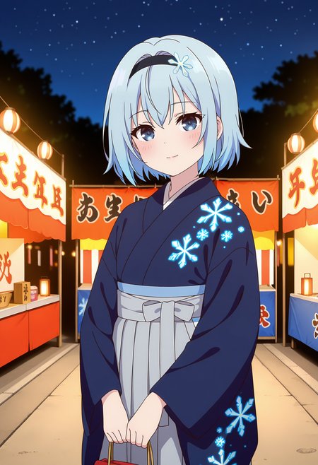 anime screencap, masterpiece, best quality,
<lora:RyuuouNoOshigoto!_SoraGinko_IlluXL:0.9>,
1girl, solo, closed mouth, light smile, blush,
short hair, light blue hair, blue eyes, black hairband, snowflake hair ornament,
GinkoKImono, print kimono, snowflake print, blue kimono, hakama skirt, grey skirt, 
holding bag, kinchaku,
standing, looking at viewer, cowboy shot,
outdoors, summer festival, lantern, night, starry sky, photo background, blurry background