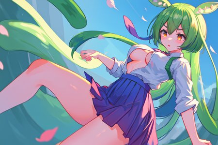 (((masterpiece))), (((best quality))), ((ultra-detailed)), (illustration), (1 girl),green hair, orange eyes,Zundamon, (solo), ((an extremely delicate and beautiful)), little girl, ((beautiful detailed sky)), beautiful detailed eyes,blank stare, pleated skirt, close to viewer, ((breeze)), Flying splashes, Flying petals, wind,skirt, spread_legs,embarrassed,medium_breasts,underboob,lact-trimmed,huge_breasts,black<lora:nijiStyle:0.4> <lora:Zundamon:1>