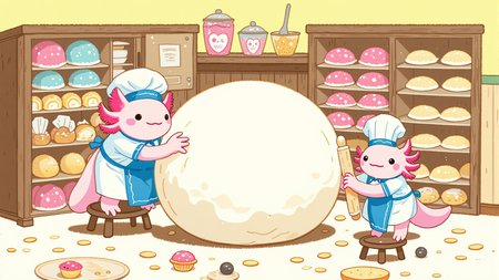 pikaole, axolotl, crayon, Two axolotls in chef uniforms are standing in a giant bakery, trying to knead an enormous ball of dough. One axolotl stands on a stool to reach the countertop, while the other struggles to lift a rolling pin thatâs almost as big as he is., happy axolotls<lora:Axomodel_Flux_V1.1.safetensors:0.85:0.85> <lora:Pikaole v2 (FLUX)_v2_E6.safetensors:0.75:0.75> <lora:qiu_crayon.safetensors:0.8:0.8>
