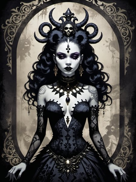 Gothic style bold artwork,creative use of shadows and textures to create an image using negative space,"Voodoo Goddess", . Dark, mysterious, haunting, dramatic, ornate, detailed