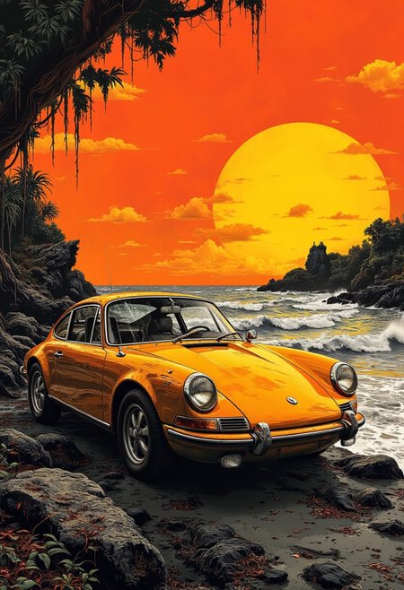 A graphic illustration, in black and white, of an ocean landscape with a bright orange sunset.streets,.photoshoot near the ocean at sunset near  car 
Yellow and black BUGATTI EB110
 <lora:Dieselcore:0.7> d1eselc0re <lora:Glitchcore_Flux:0.4> gl1tchc0re