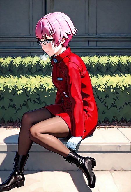 <lora:sdxl_lightning_8step_lora:1> <lora:Fixhands_anime_bdsqlsz_V1:1>score_9, score_8_up, score_7_up, source_anime, intricate details, perfect anatomy BREAK
1girl, solo, gis-esakipurin, pink hair, short hair, purple eyes, black-framed eyewear, red coat, white gloves, gis-esakipurin outfit, brown pantyhose, black boots,
from side, sitting, Passionate, A heated look, a flushed face, and a quickened breath., outdoors, 
<lora:gis-esakipurin_XL(pony)fix:0.9>
