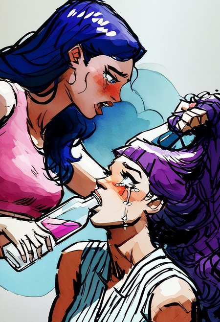 watercolor_painting, ((afraid, gasp)), long purple hair, blue eye ,busty , curvy , crawling, long dark purple hair, absurdly long hair, mature girl,forcedtodrink, grabbing another's hair, bottle, hand on another's head, 2girls, holding bottle, (pink liquid, pink liquid bottle,drinking pink liquid), ((crop top)), curvy girl, seductive body, looking at another, upper body, crying, terrified, blushing