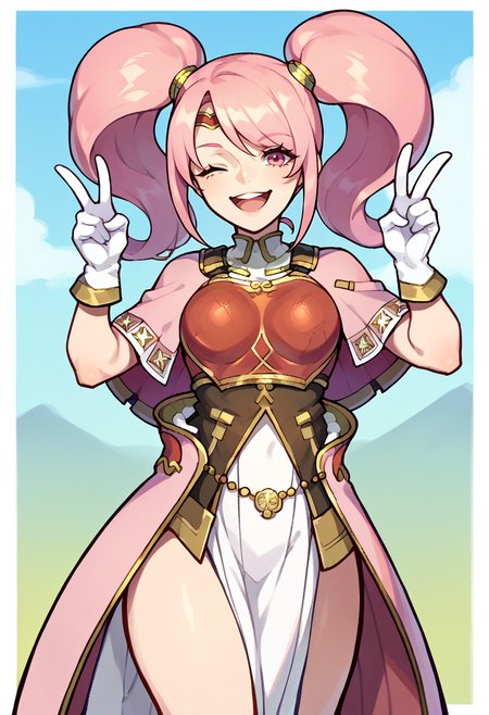 score_9, score_8_up, score_7_up, source_anime, BREAK, solo, 1girl, smile, looking at viewer, <lora:Mae-pdxl_Fp:1>, maefe, twintails, pink hair, pink eyes, circlet, long hair, armor, breastplate, capelet, pelvic curtain, white gloves, open mouth, one eye closed, v