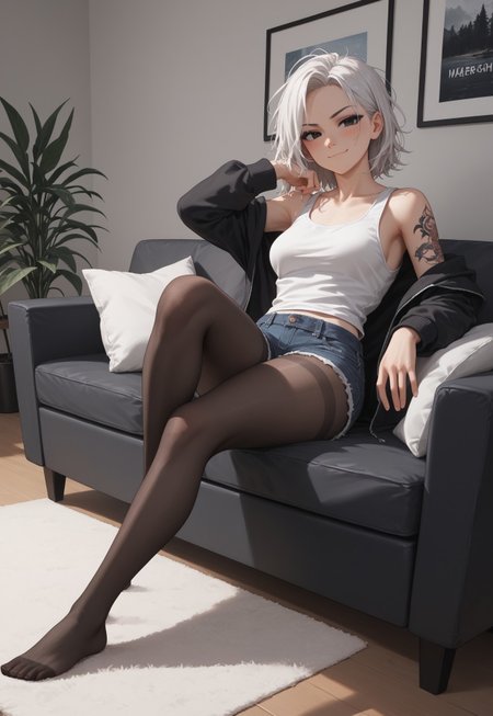 score_9, score_8_up, score_7_up, 26 years old,, zPDXL3, 1girl, solo, medium breasts, white hair, detailed eyes, from side,
(full body shot, reclining, sofa:1.4), eyeshadow, tattoo on arm, 
black eyes, medium hair, messy hair, dutch angle, chair, (white tanktop, black hoodie,  bare shoulders), denim shorts, pantyhose, indoors, computer desk, ight,   relaxed, bedroom, (smug:1.2) blush, looking at viewer, leaning back, dynamic light