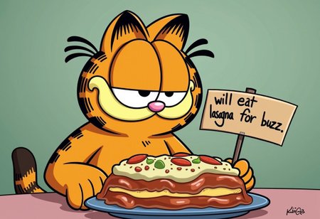 Imagine Garfield the Cat and he's got a sign that says "will eat lasagna for buzz".