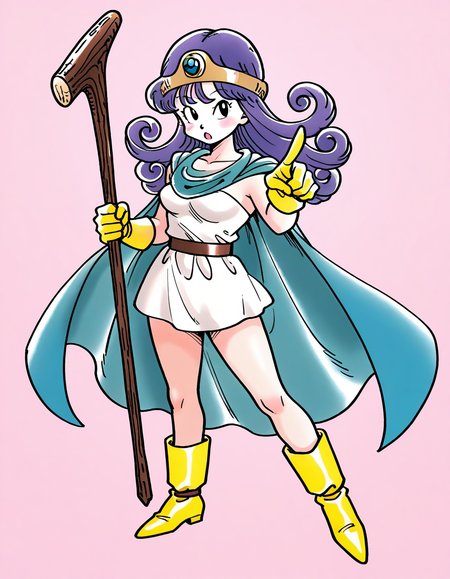 general,highres, ultra-detailed,very aesthetic,best quality ,best hands,  BREAK  <lora:Sage_DQâ¢_FC_IS:1>
Sage_DQâ¢_FC, 1girl,black eyes, long hair, blue hair,  purple hair, sage (dq3), breasts, curly hair, 
solo, cape, boots, yellow gloves, staff, yellow footwear, dress, holding, open mouth, circlet, looking at viewer, :o, holding staff, pointing, 
white dress, blue cape, belt, short dress, full body, collarbone, blush, standing, index finger raised