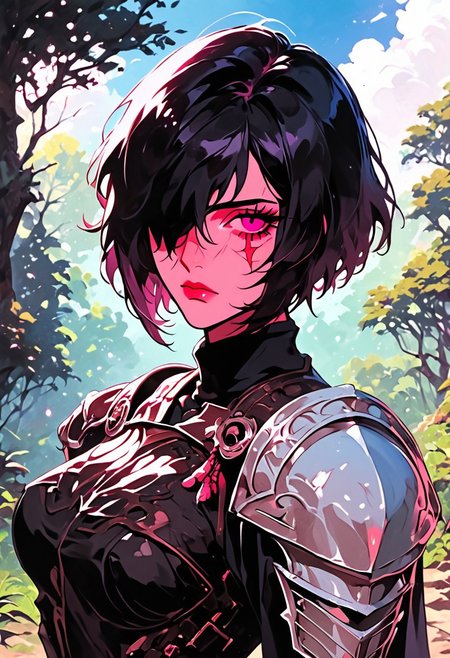 1girl, armor, scar, solo, scar on face, black hair, short hair, hair over one eye, looking at viewer, purple eyes, outdoors, upper body, breastplate, shoulder armor, tree, makeup, day, scar across eye, sky, , cloud, , shoulder plates, pauldrons, breasts, nature, eyelashes, scar on nose, scar on cheek, closed mouth, forest, blue sky, one eye covered
,  <lora:Ri-MIX_A_Illustriousv2-000009:1> rimixa,, looking at viewer,, , score_9, score_8_up, score_8_up,