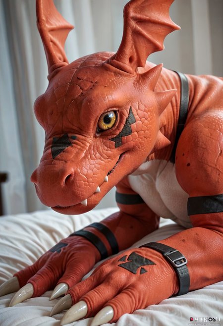 score_9, score_8_up, score_7_up, score_6_up, guilmon, digimon, furry, scalie, red scales, detailed scales, yellow eyes, realistic