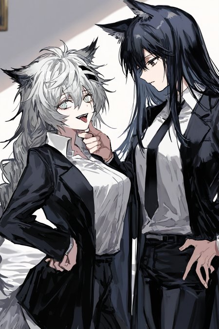 2girls, lappland (arknights), texas (arknights),  
(amaichi esora:0.8), (stu dts:0.7), (remsrar:0.6), (na tarapisu153:0.8), 
(fuya:0.7), (tempupupu:0.77), black eyes, collared shirt, (hand on another's chin:1.2100000000000002), looking at another, looking down, looking up, sharp teeth, shirt, smile, teeth, bedroom, hand on own hip, short hair, bed sheet, long sleeves, black necktie, shirt tucked in, tongue, breasts, pant, ringed eyes, fangs, grabbing another's chin, long hair, braid, looking at viewer, tongue out, sidelocks, jacket, white shirt, necktie, braided ponytail, upper body, open mouth, medium breasts, black pants,
masterpiece, best quality, highres, absurdres