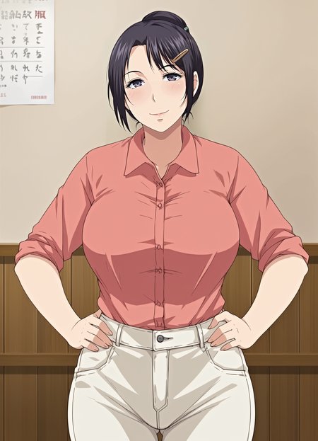 <lora:Yue_ni_Hitozuma_wa_Netorareta4:0.85>,mm,mature female,1girl,solo,black hair,hairclip,large breasts,shirt,pants,cowboy shot,hands on own hips,looking at viewer,indoors,smile
