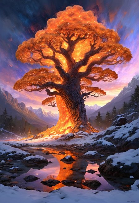 (by Ellen Jewett:1.5), (Fiery orange Bioluminescent Impressionism, mountain landscape, The Dreamland, Gibson Great  Mountains, rock, sky, giant tree, great grand tree on mountains, great fire, great great magical tree, sunset, sunrise , stream, lightining, snow and ice, ethereal landscapes, depth of field, biotech emotion:1.3) <lora:xl_more_art-full_v1:0.5> <lora:add-detail-xl:1> <lora:RMSDXL_Creative:2>