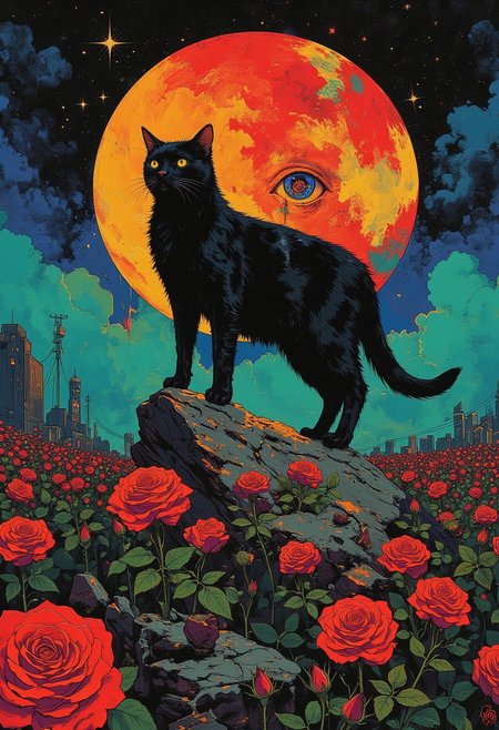 Vector art, <lora:Hyper-FLUX.1-dev-8steps-lora:0.125>, <lora:detailed city by Kanto:0.5>, detailed field,A field full of black roses during a novaburst with the sky lit up in red and teals, Stars and a nebula shining through,<lora:NeoPigma:0.35>, NeoPigma,<lora:ck-shadow-circuit:0.35>,in the style of cksc, <lora:FLUX-daubrez-DB4RZ-v2:0.3>,DB4RZ, <lora:Luminous_Shadowscape:0.3>,<lora:CPA:0.5> an air of melancholic reverie, ensconced amidst a phantasmagoric bloom of chromatic hues.((A bleeding moon with an evil face)) Rendered in a style redolent of Impressionism, the painting utilizes a vibrant, high-key palette dominated by ethereal blacks and punctuated by strokes of chrome and gold. Position the ((black cat)) on a rock, suspended amidst a riotous profusion of sharp rocks,  The camera angle should be slightly low, lending an air of gentle ascension to the composition.  The background should dissolve into an abstract symphony of cold blues suggestive of a radiant, moon-drenched night. The overall ambiance should evoke a sense of ephemeral beauty, tinged with a whisper of wistfulness.  Symbolist chiaroscuro, tenebrist, volumetric lighting, subtle halation, high-contrast, film grain, lime green color grading, high dynamic range, S-curve gamma