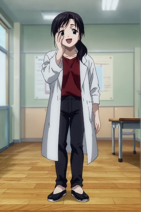 score_9, score_8_up, score_7_up,anime_source, source_anime, best background, detailed background, anime screencap,  Kurashiki, happy, lab coat, red shirt, shirt, black pants, solo, indoors, horny, hand over face, naughty face,  black shoes, <lora:JN_School_Days_Artstyle:0.8> <lora:Jn_Usako_Kurashiki:0.8>
