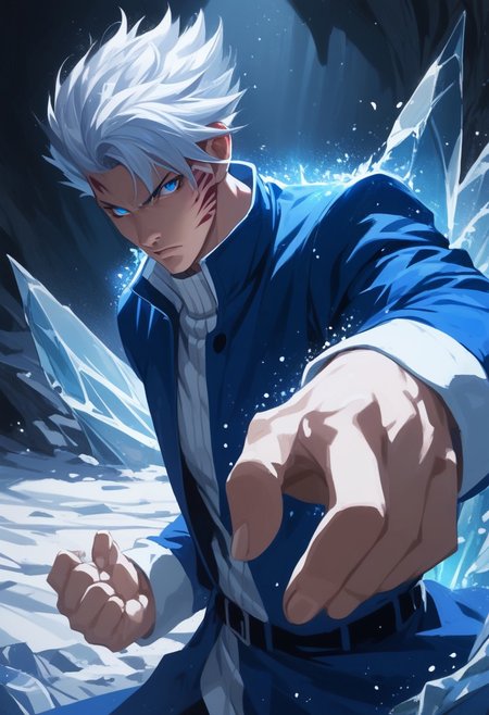score_9, score_8_up, score_7_up, source_anime, rating_safe, LeonFT, grey Leon hair, glowing blue eyes, glowing, 1boy, male focus, ice demon facepaint, white aura, angry, gradient particles, hands with five fingers, cropped waist, indoor ice cave, Dutch angle, realistic shading, no human,