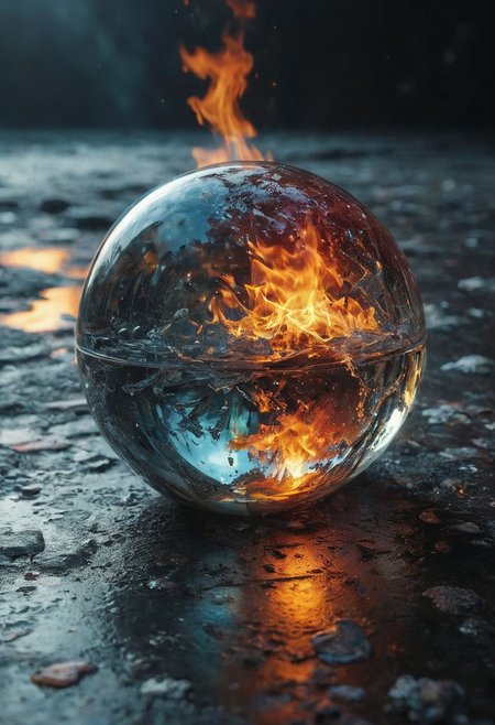 Sphere made with crystalline carapace, iridescence color, fine reflection, water on the floor, reflections, intricate complexity details, 
Wide range of colors., fire and ice, Dramatic,Dynamic,Cinematic,Sharp details
Insane quality. Insane resolution. Insane details. Masterpiece. 32k resolution.